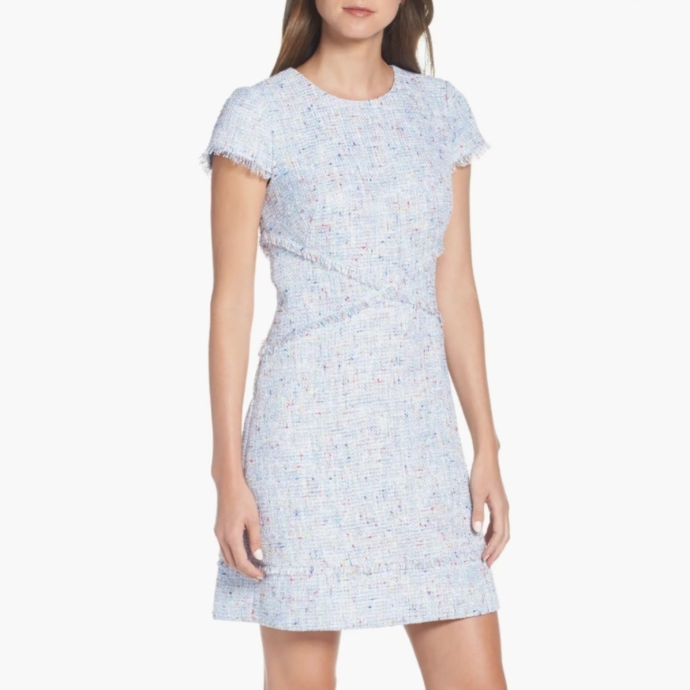 NWOT Eliza J Light Blue Tweed Sheath Dress Eyelash Fringe Trim Size 12